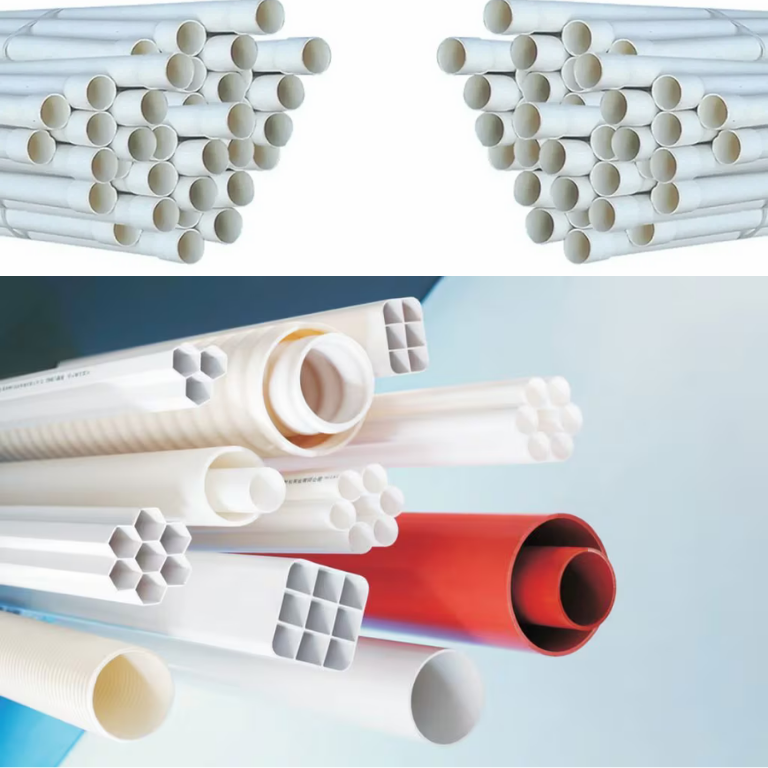 PVC electrical conduit pipes in white, red, and grey