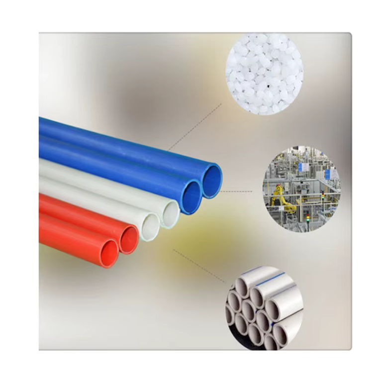 Red, blue, and grey electrical conduit pipes with fittings