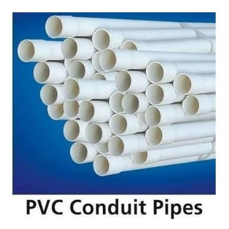 White PVC conduit pipe stack labeled for electrical use